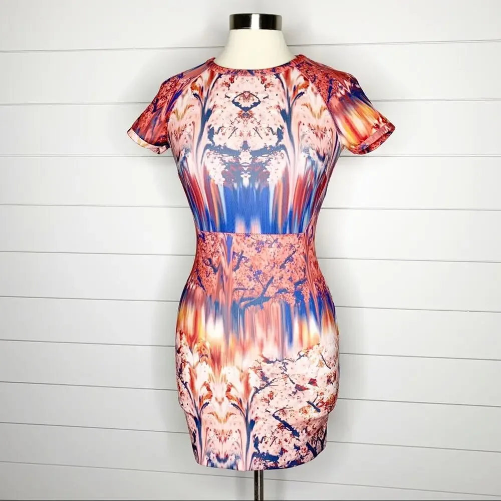 ZARA Collection Cherry Blossom Sheath Dress Pink Blue Size Small - Picture 2 of 9